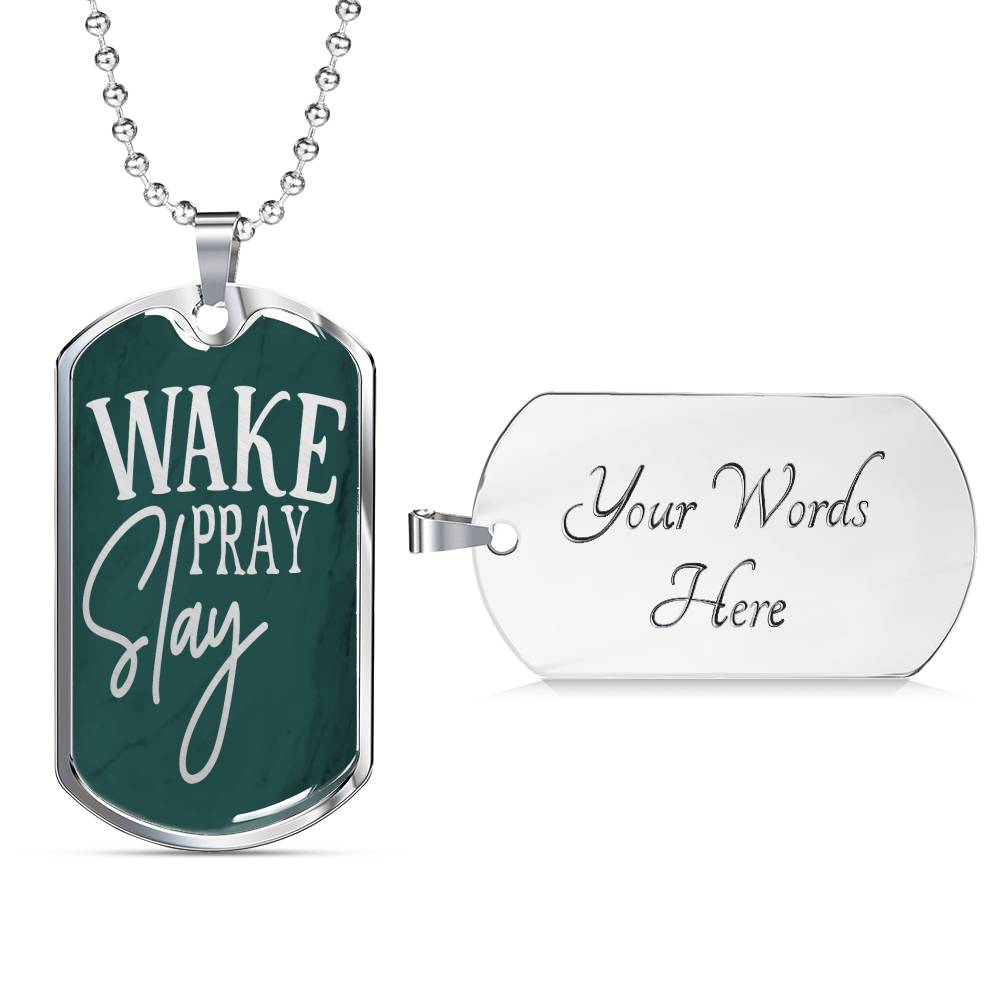 Wake Pray Slay Necklace Stainless Steel or 18k Gold Dog Tag 24"-Express Your Love Gifts