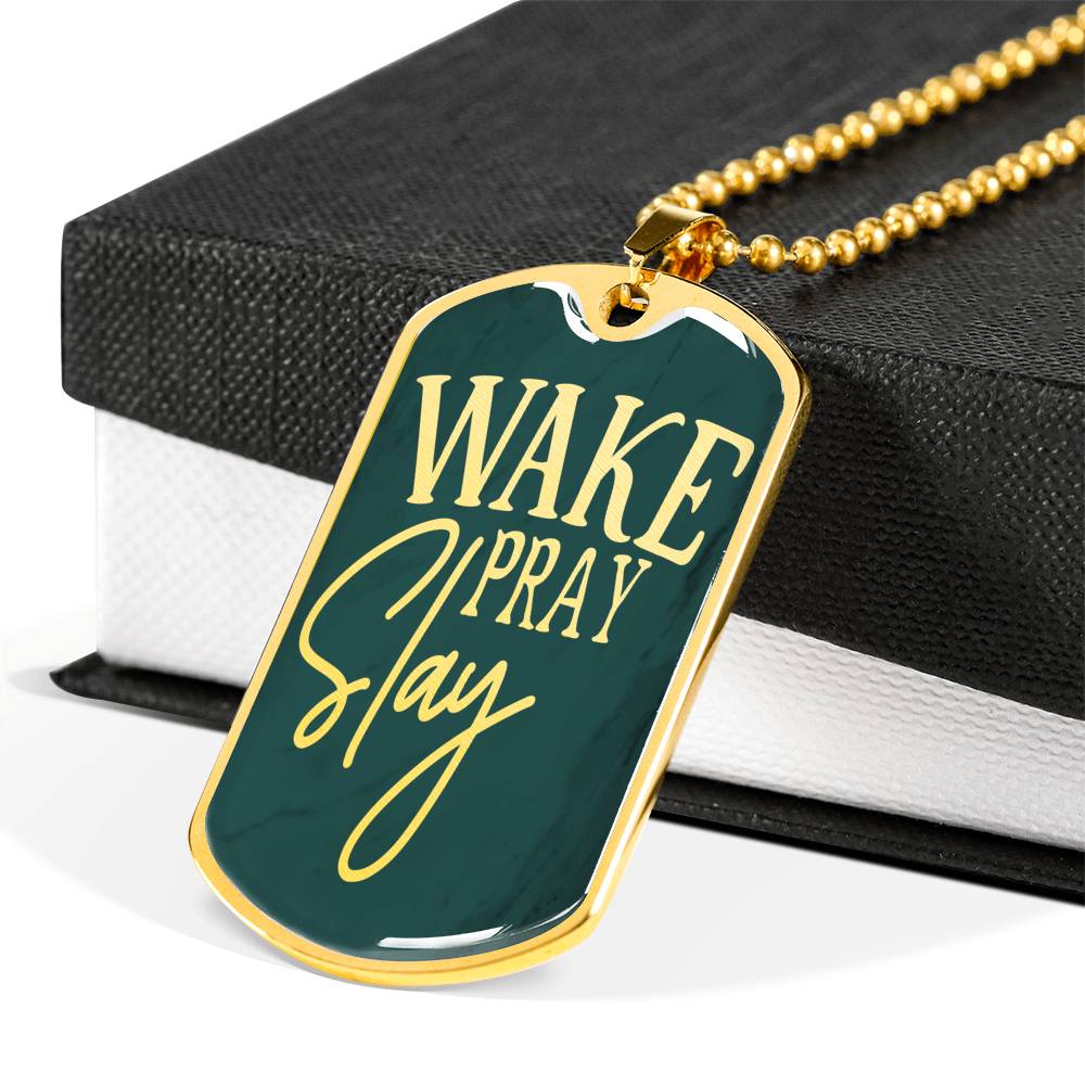 Wake Pray Slay Necklace Stainless Steel or 18k Gold Dog Tag 24"-Express Your Love Gifts