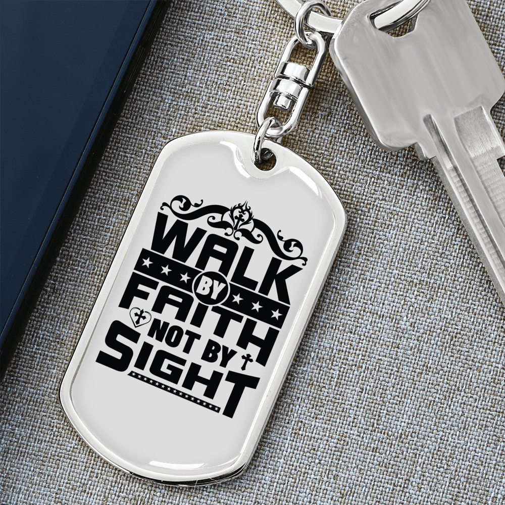 Walk By Faith Keychain Stainless Steel or 18k Gold Dog Tag Keyring-Express Your Love Gifts