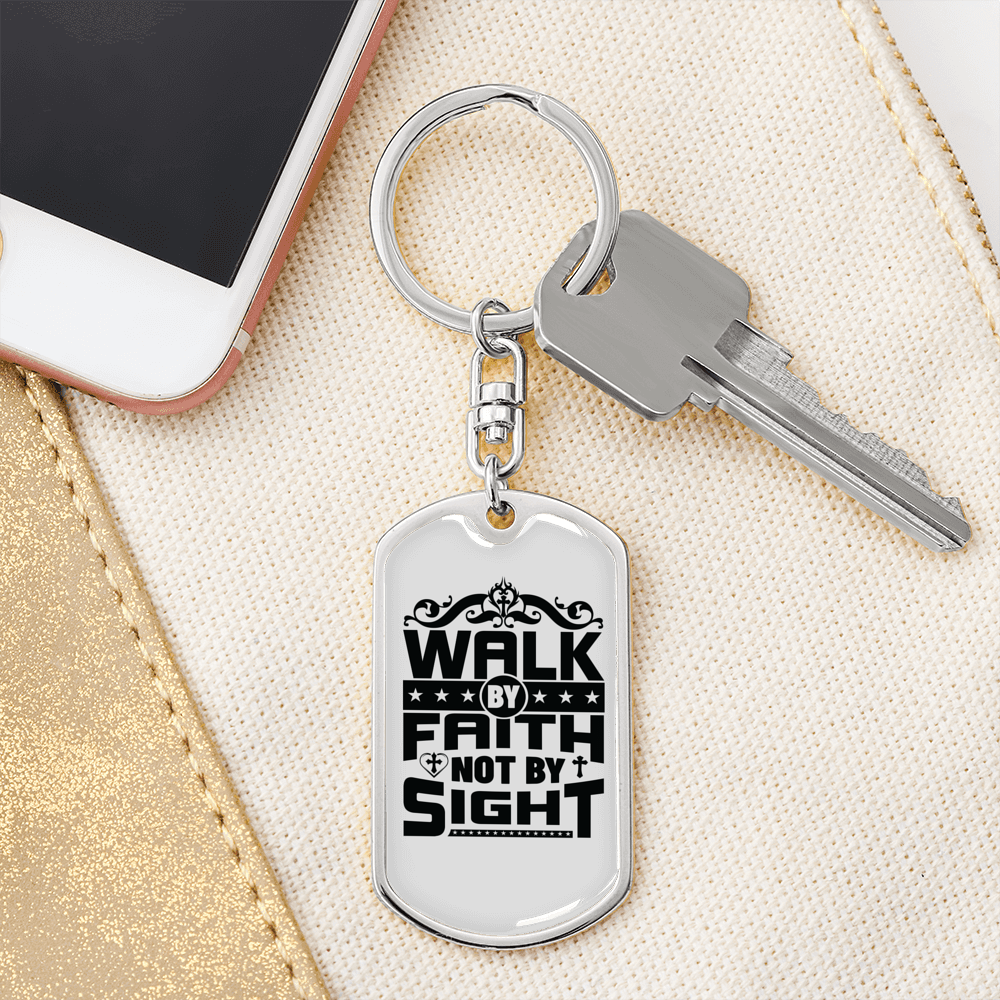 Walk By Faith Keychain Stainless Steel or 18k Gold Dog Tag Keyring-Express Your Love Gifts