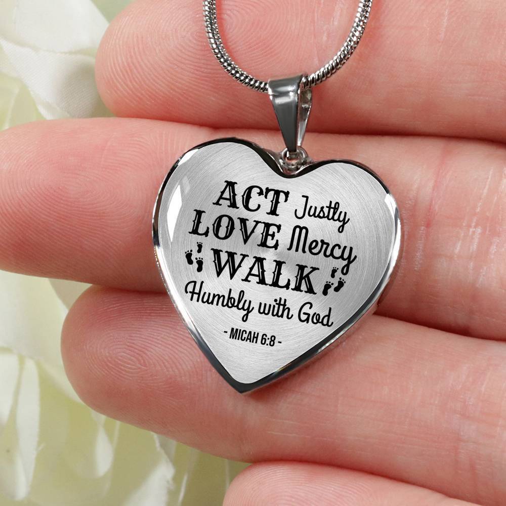 Walk Humbly With God Necklace Stainless Steel or 18k Gold Heart Pendant 18-22"-Express Your Love Gifts