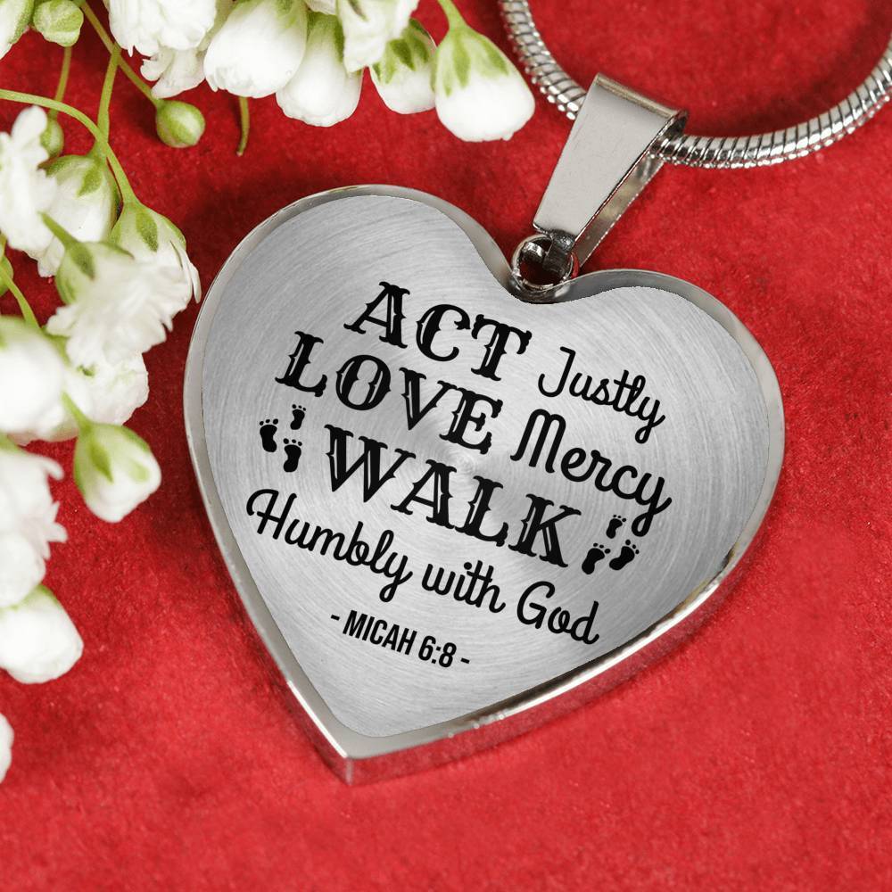 Walk Humbly With God Necklace Stainless Steel or 18k Gold Heart Pendant 18-22"-Express Your Love Gifts