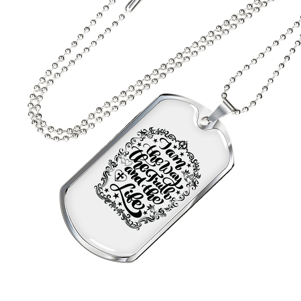 Way Truth Life Christian Necklace Stainless Steel or 18k Gold Dog Tag 24" Chain-Express Your Love Gifts