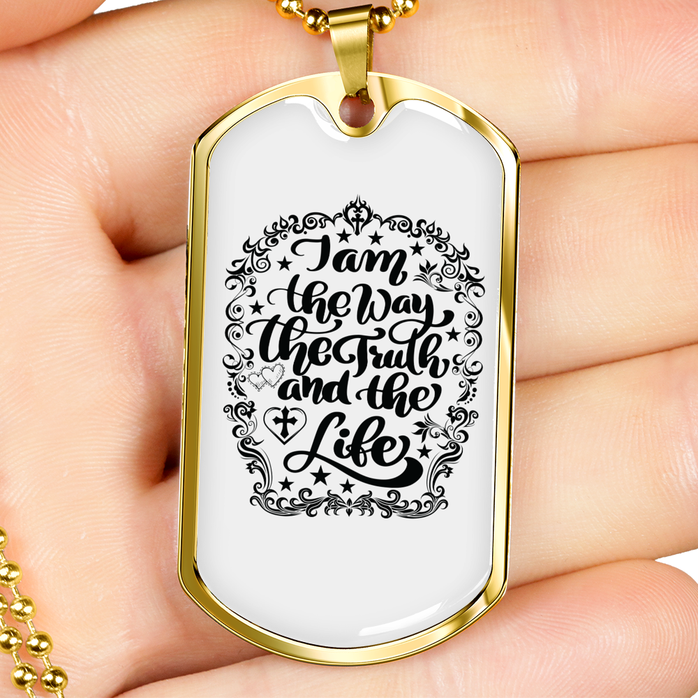 Way Truth Life Christian Necklace Stainless Steel or 18k Gold Dog Tag 24" Chain-Express Your Love Gifts