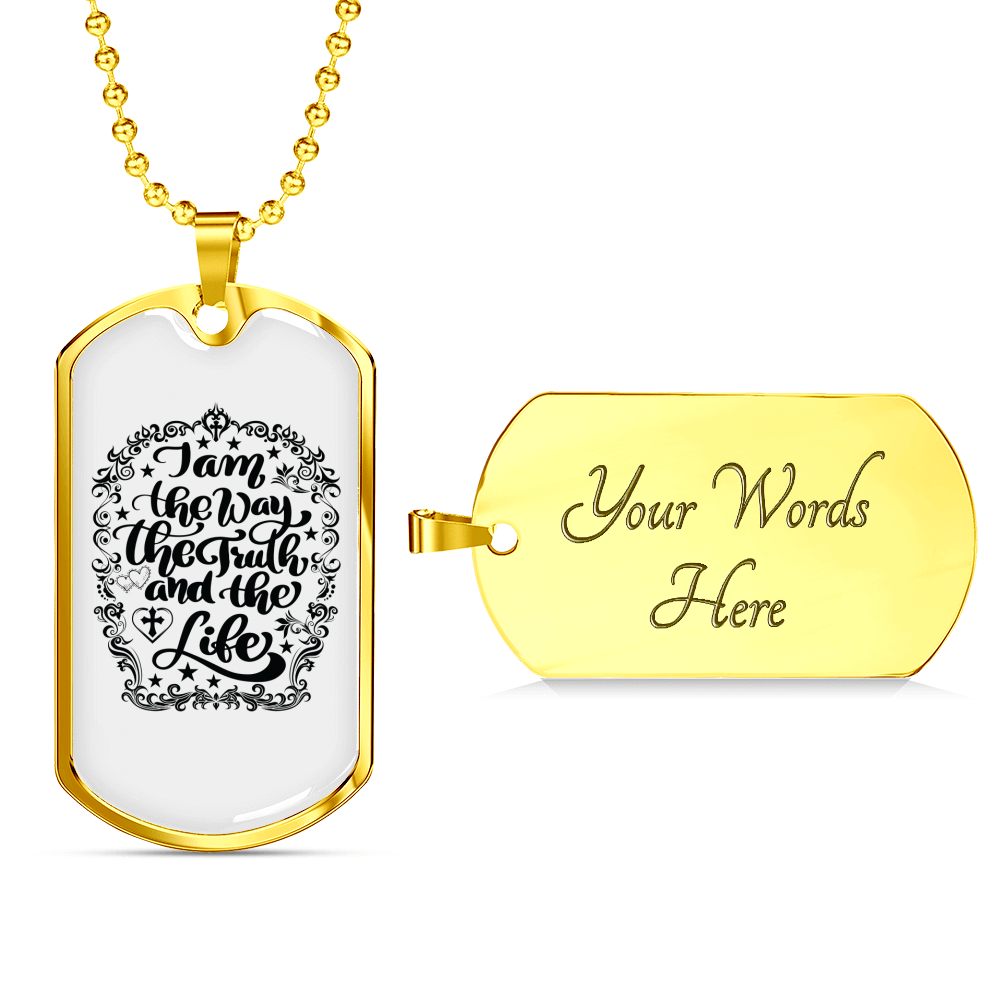 Way Truth Life Christian Necklace Stainless Steel or 18k Gold Dog Tag 24" Chain-Express Your Love Gifts