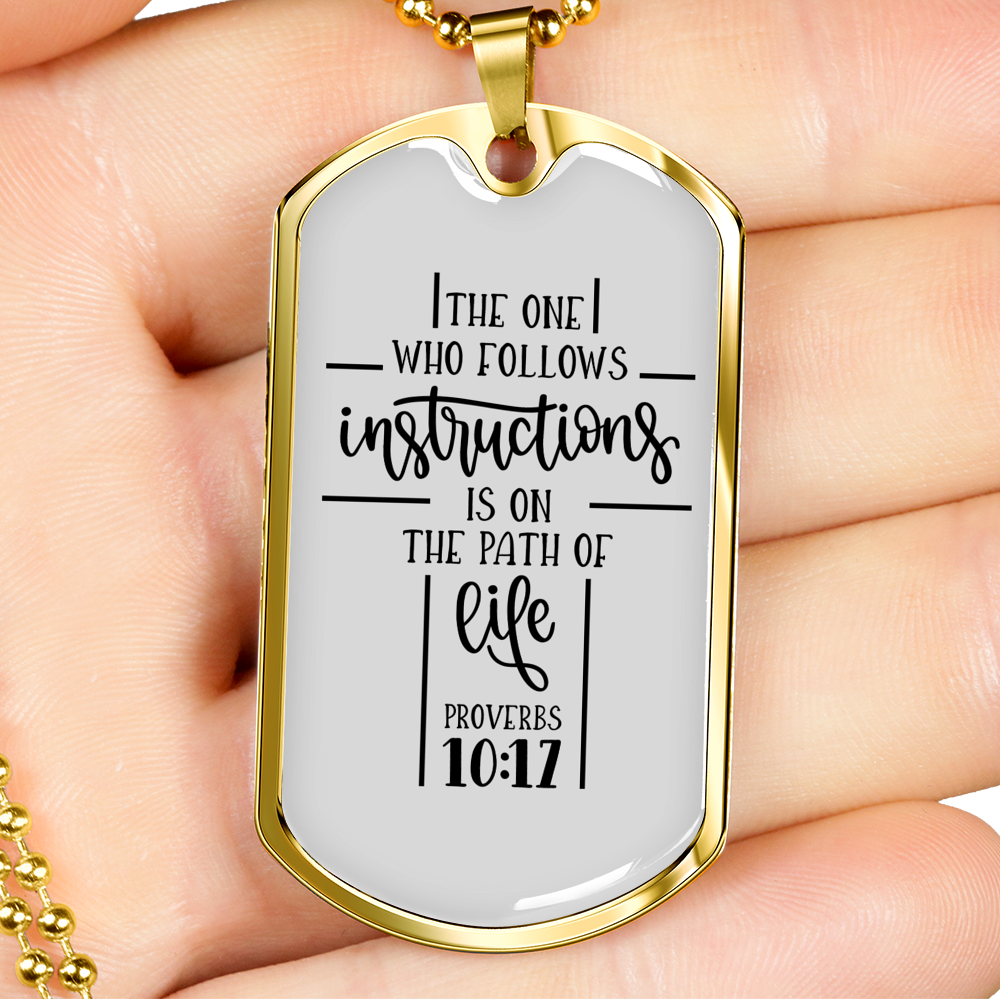 Who Follows Instructions Proverbs 10:17 Necklace Stainless Steel or 18k Gold Dog Tag 24" Chain-Express Your Love Gifts