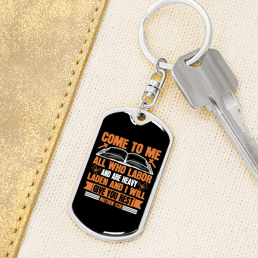 Will Give Rest Matthew 11:28 Keychain Stainless Steel or 18k Gold Dog Tag Keyring-Express Your Love Gifts