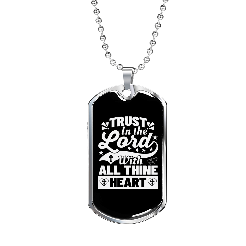 With All Thine Heart White Christian Necklace Stainless Steel or 18k Gold Dog Tag 24" Chain-Express Your Love Gifts