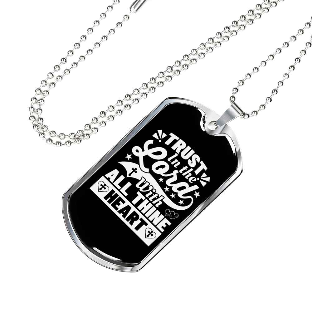 With All Thine Heart White Christian Necklace Stainless Steel or 18k Gold Dog Tag 24" Chain-Express Your Love Gifts