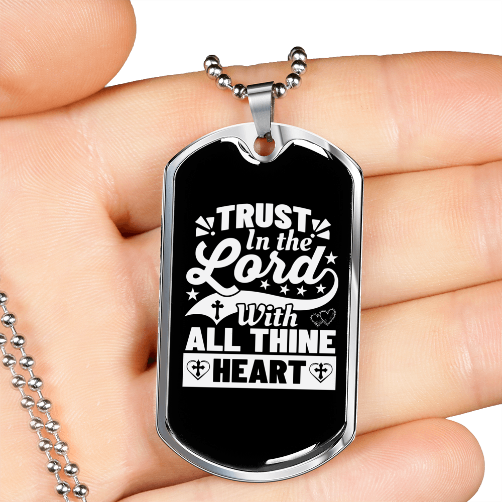 With All Thine Heart White Christian Necklace Stainless Steel or 18k Gold Dog Tag 24" Chain-Express Your Love Gifts