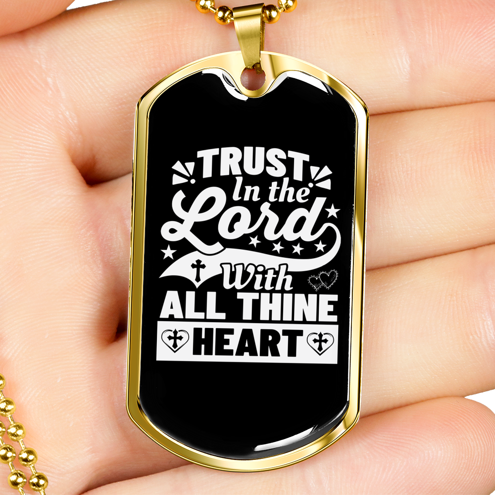 With All Thine Heart White Christian Necklace Stainless Steel or 18k Gold Dog Tag 24" Chain-Express Your Love Gifts