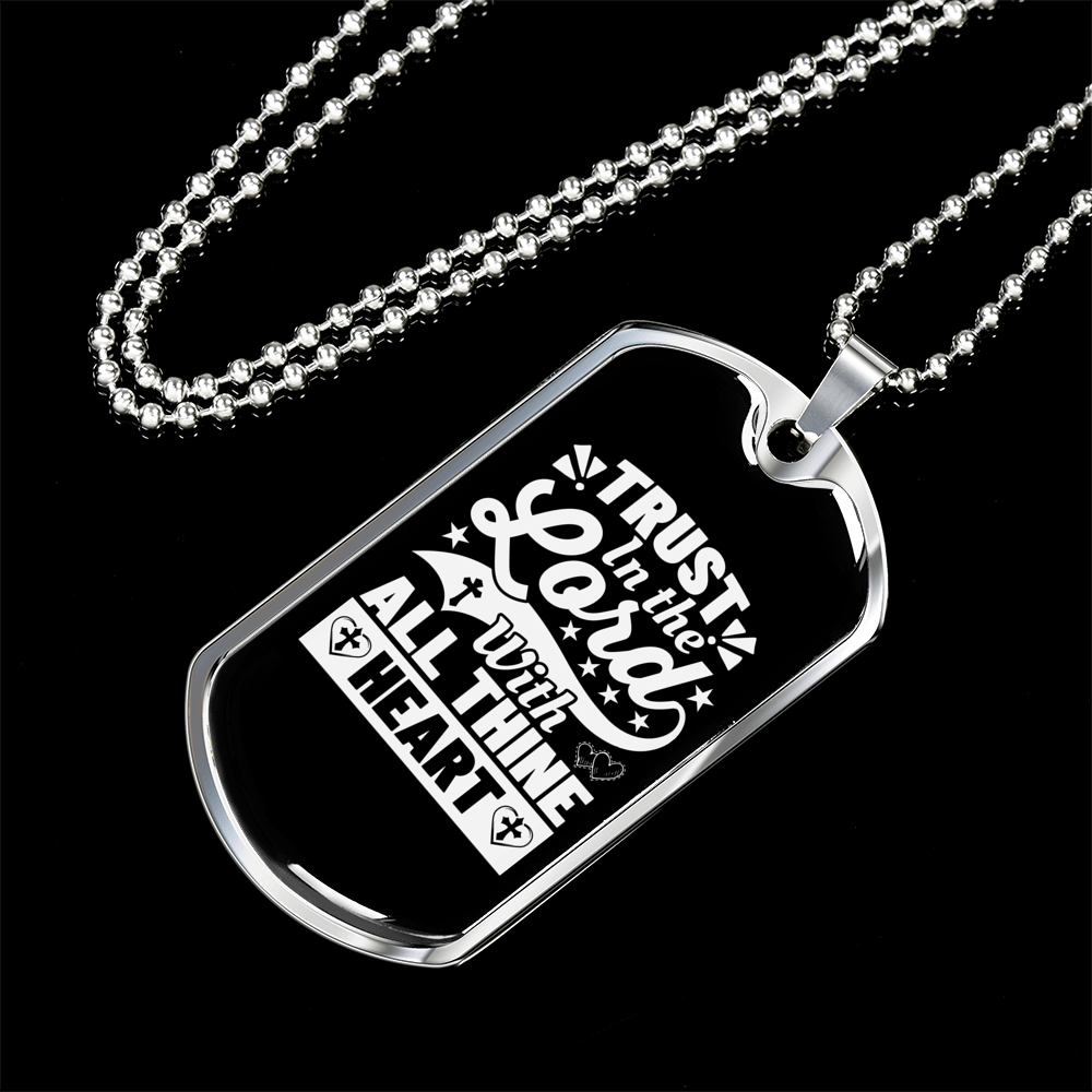 With All Thine Heart White Christian Necklace Stainless Steel or 18k Gold Dog Tag 24" Chain-Express Your Love Gifts