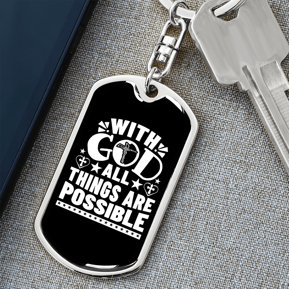 With God All Things Are Possible Keychain Stainless Steel or 18k Gold Dog Tag Keyring-Express Your Love Gifts