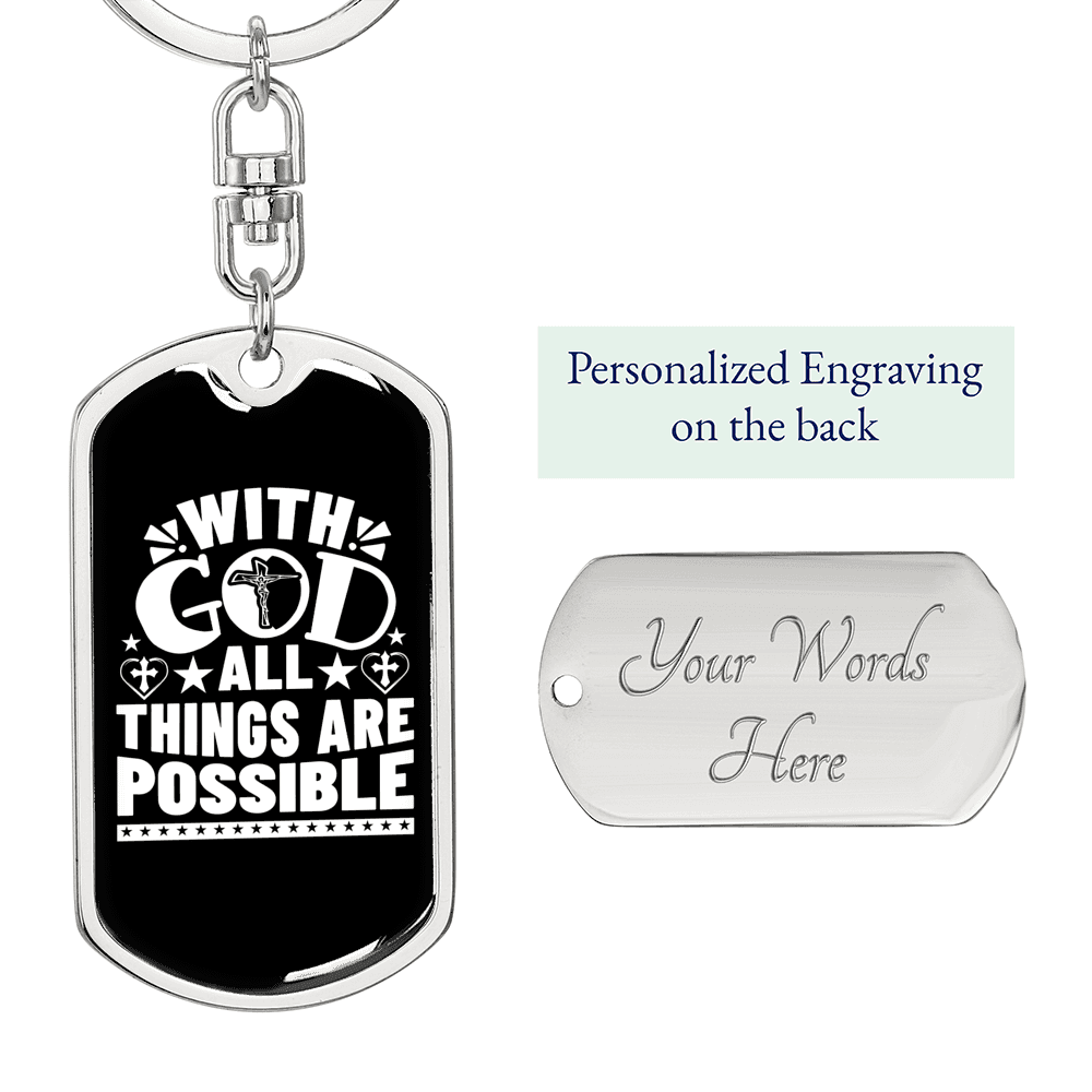 With God All Things Are Possible Keychain Stainless Steel or 18k Gold Dog Tag Keyring-Express Your Love Gifts