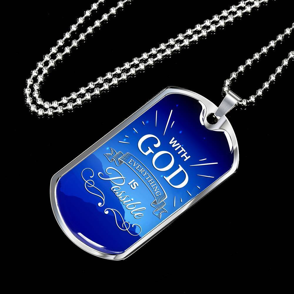 With God All Things Are Possible Necklace Stainless Steel or 18k Gold Dog Tag 24" Chain-Express Your Love Gifts
