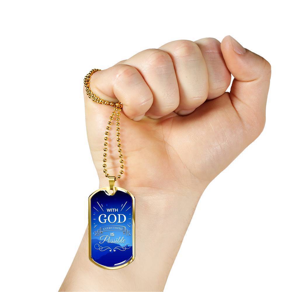 With God All Things Are Possible Necklace Stainless Steel or 18k Gold Dog Tag 24" Chain-Express Your Love Gifts