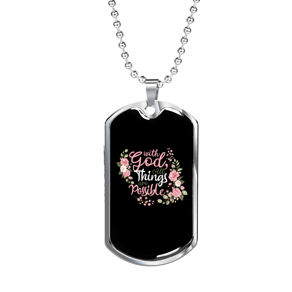 With God All Things Christian Necklace Stainless Steel or 18k Gold Dog Tag 24" Chain-Express Your Love Gifts