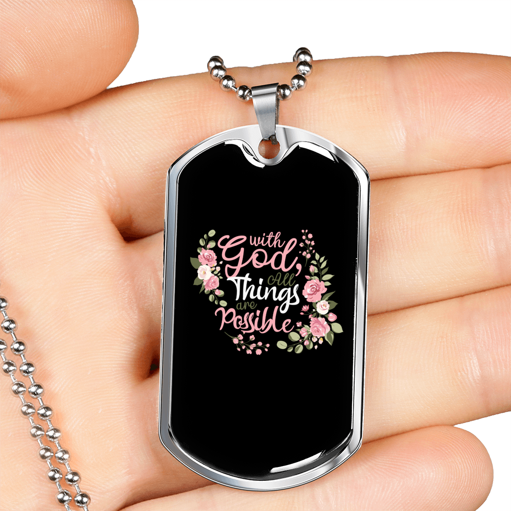 With God All Things Christian Necklace Stainless Steel or 18k Gold Dog Tag 24" Chain-Express Your Love Gifts