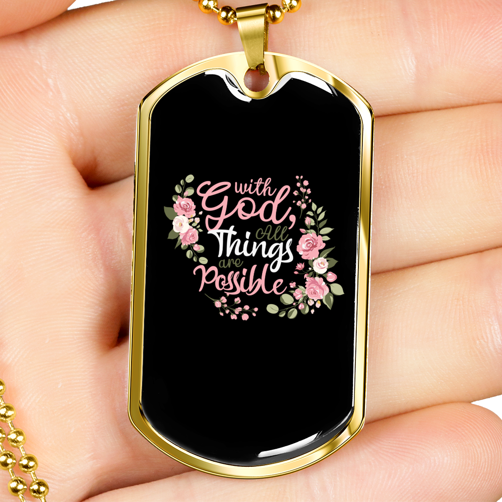 With God All Things Christian Necklace Stainless Steel or 18k Gold Dog Tag 24" Chain-Express Your Love Gifts