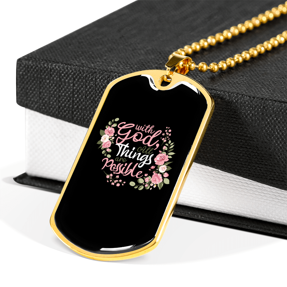 With God All Things Christian Necklace Stainless Steel or 18k Gold Dog Tag 24" Chain-Express Your Love Gifts
