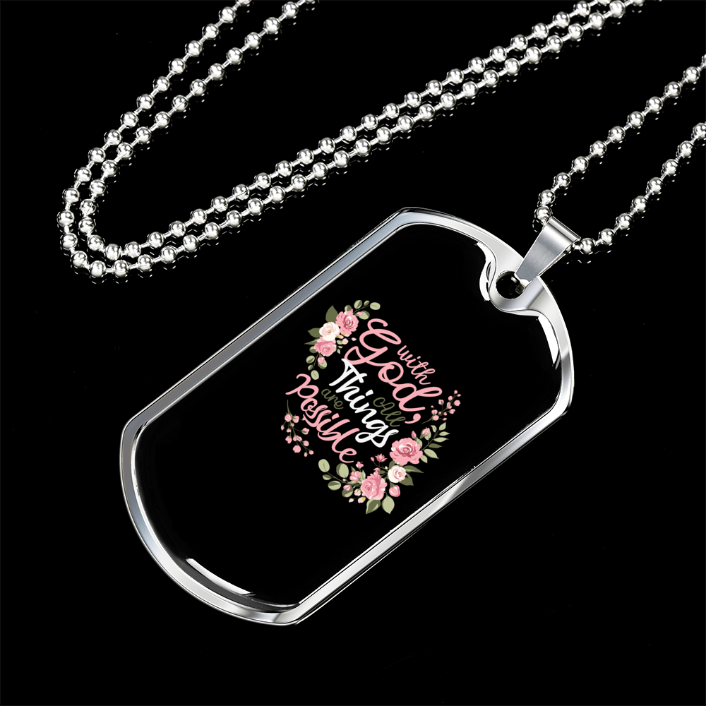With God All Things Christian Necklace Stainless Steel or 18k Gold Dog Tag 24" Chain-Express Your Love Gifts