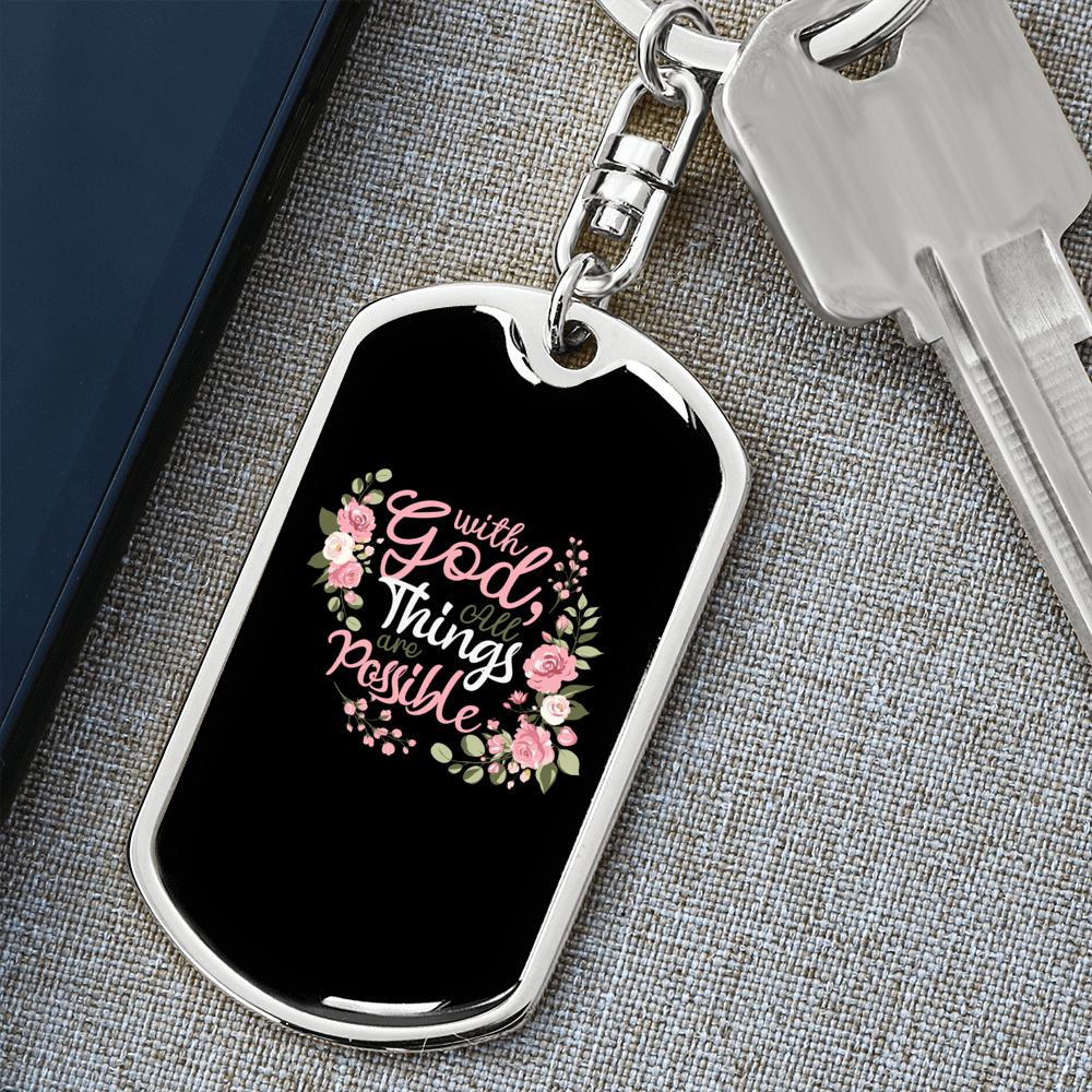 With God All Things Keychain Stainless Steel or 18k Gold Dog Tag Keyring-Express Your Love Gifts