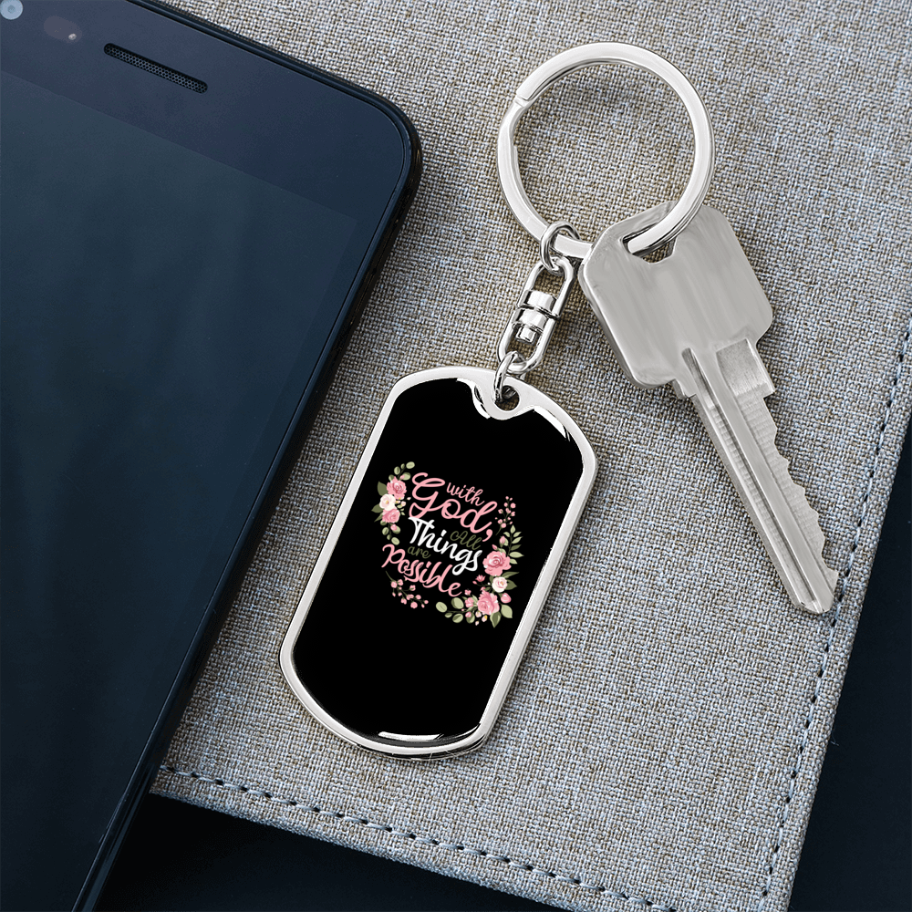 With God All Things Keychain Stainless Steel or 18k Gold Dog Tag Keyring-Express Your Love Gifts