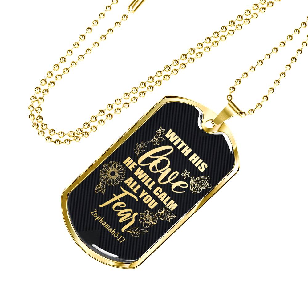 With His Love Zephaniah Necklace Stainless Steel or 18k Gold Dog Tag 24"-Express Your Love Gifts