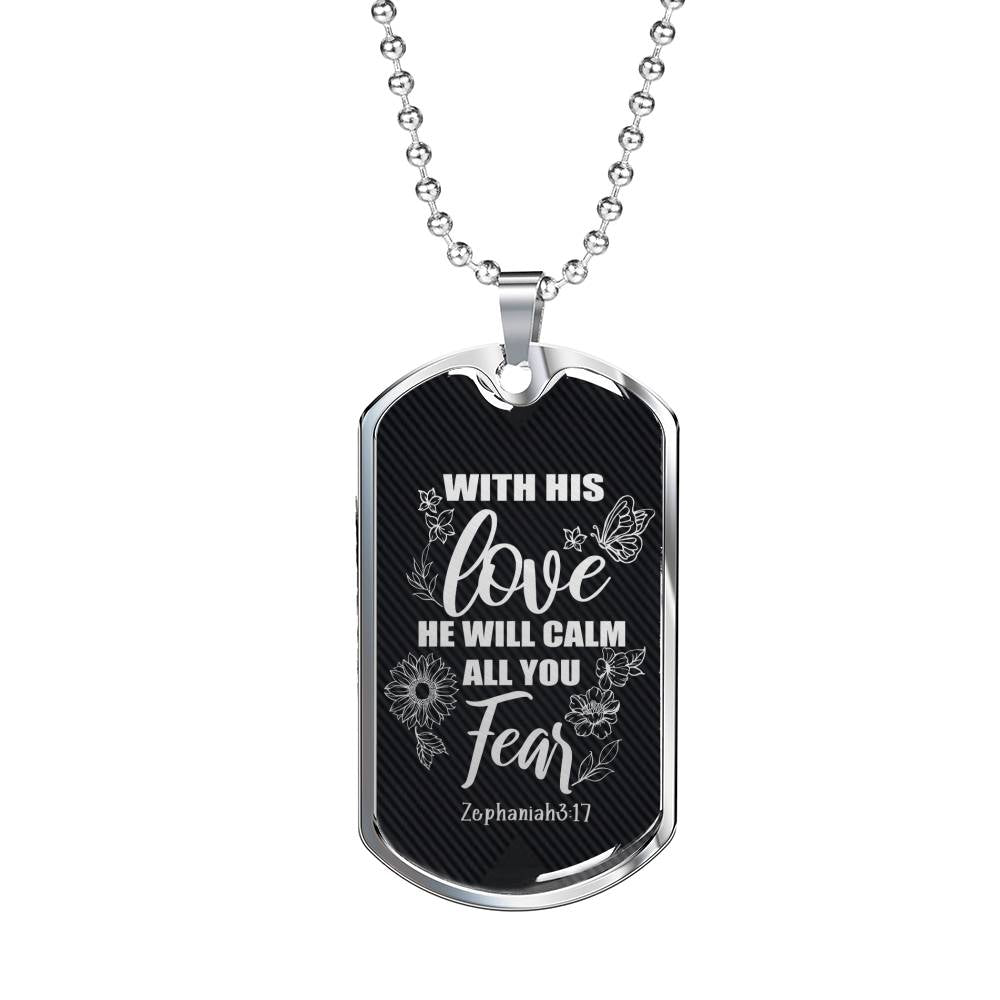 With His Love Zephaniah Necklace Stainless Steel or 18k Gold Dog Tag 24"-Express Your Love Gifts