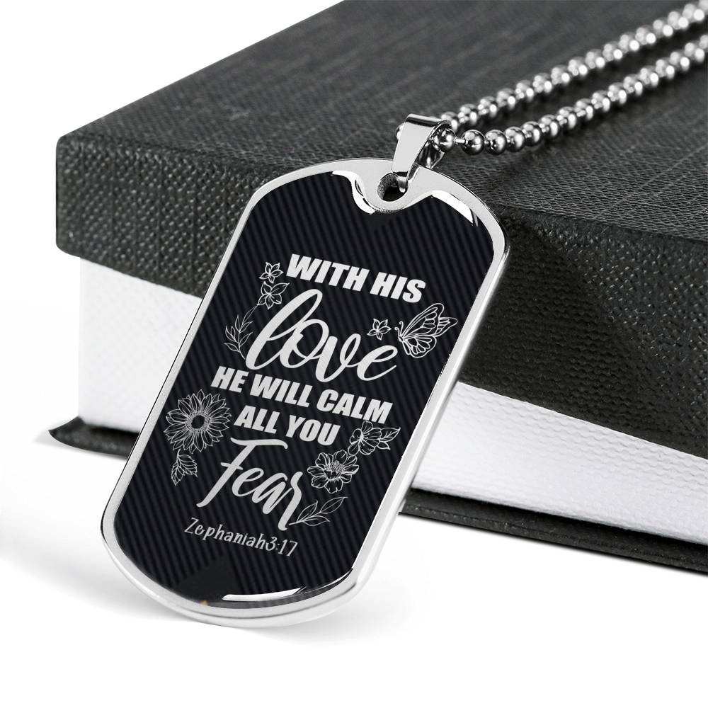 With His Love Zephaniah Necklace Stainless Steel or 18k Gold Dog Tag 24"-Express Your Love Gifts