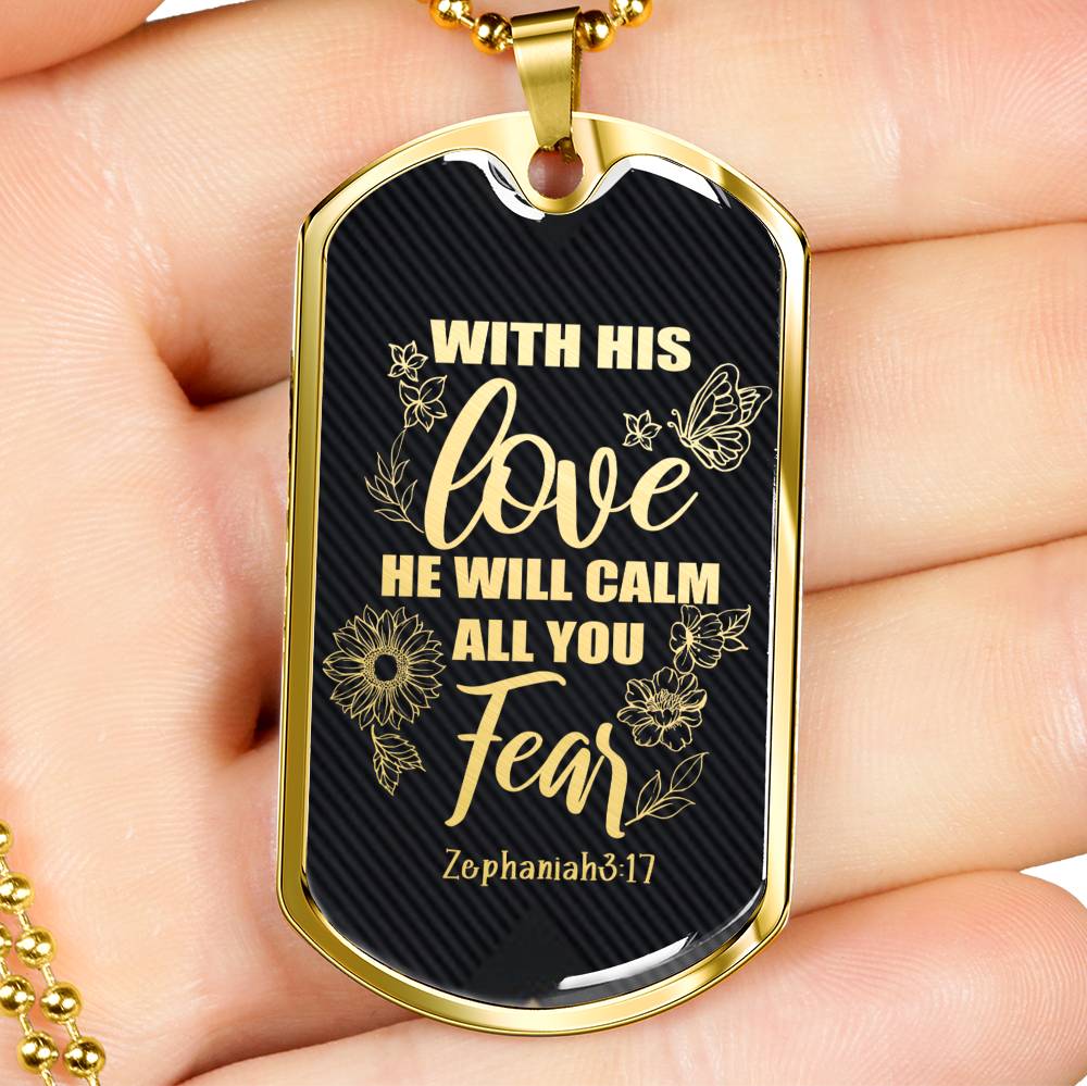With His Love Zephaniah Necklace Stainless Steel or 18k Gold Dog Tag 24"-Express Your Love Gifts