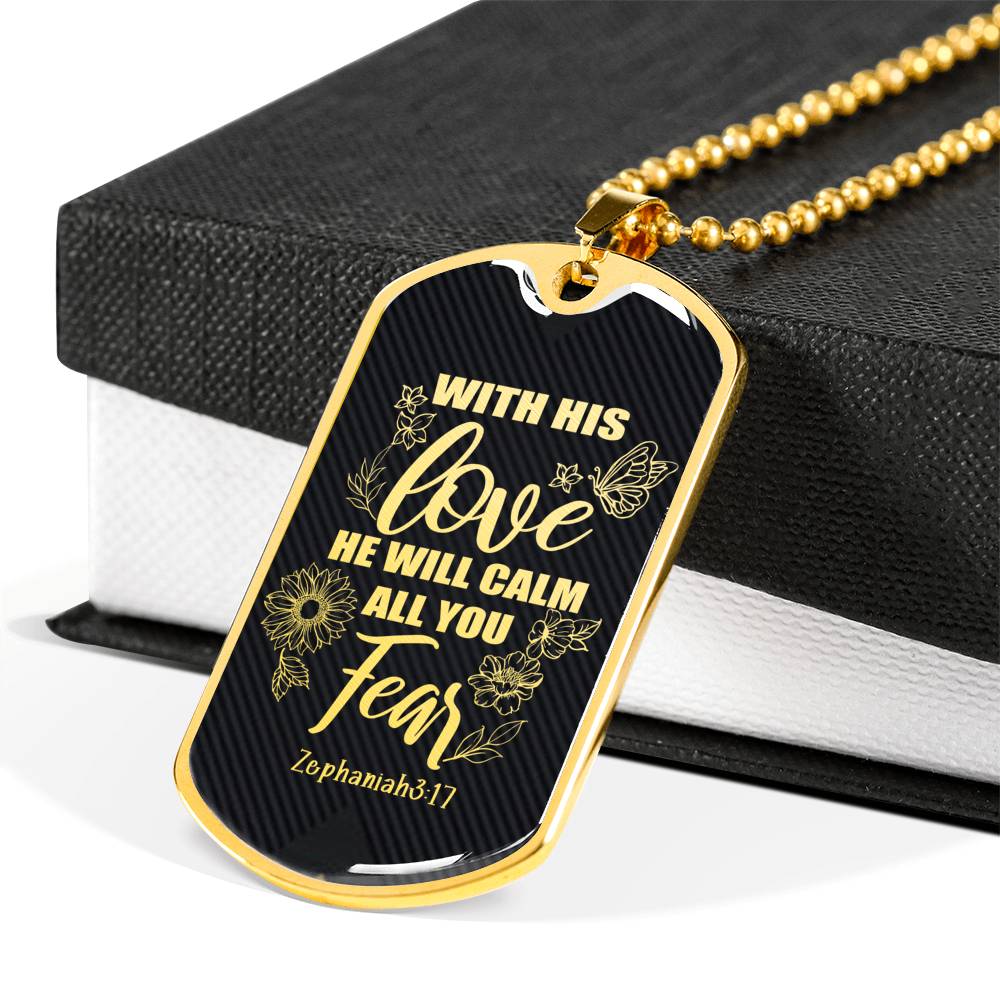 With His Love Zephaniah Necklace Stainless Steel or 18k Gold Dog Tag 24"-Express Your Love Gifts