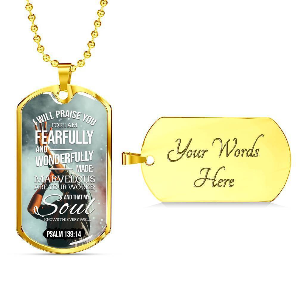 Wonderfully Made Bible Psalm Necklace Stainless Steel or 18k Gold Dog Tag 24" Chain-Express Your Love Gifts