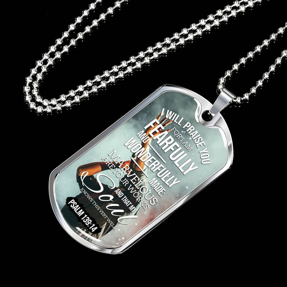 Wonderfully Made Bible Psalm Necklace Stainless Steel or 18k Gold Dog Tag 24" Chain-Express Your Love Gifts