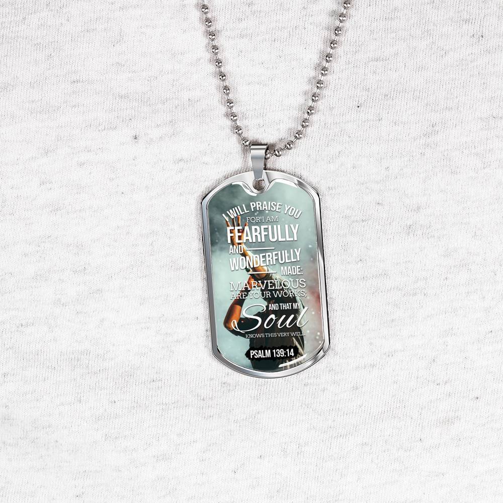 Wonderfully Made Bible Psalm Necklace Stainless Steel or 18k Gold Dog Tag 24" Chain-Express Your Love Gifts