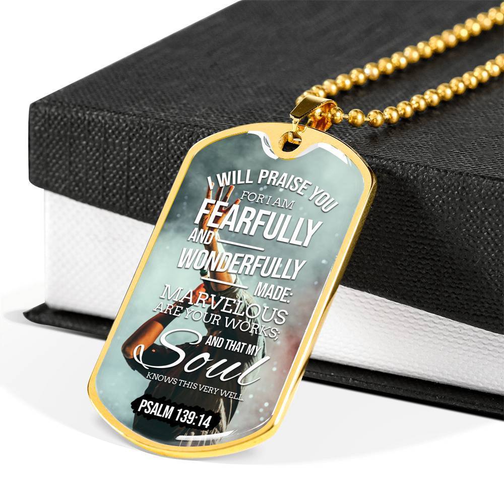 Wonderfully Made Bible Psalm Necklace Stainless Steel or 18k Gold Dog Tag 24" Chain-Express Your Love Gifts