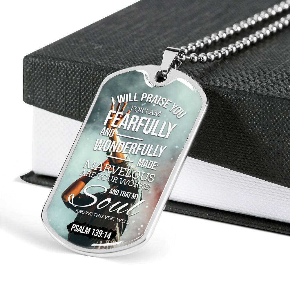 Wonderfully Made Bible Psalm Necklace Stainless Steel or 18k Gold Dog Tag 24" Chain-Express Your Love Gifts