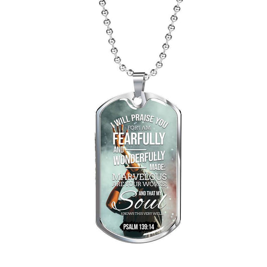 Wonderfully Made Bible Psalm Necklace Stainless Steel or 18k Gold Dog Tag w 24" Chain