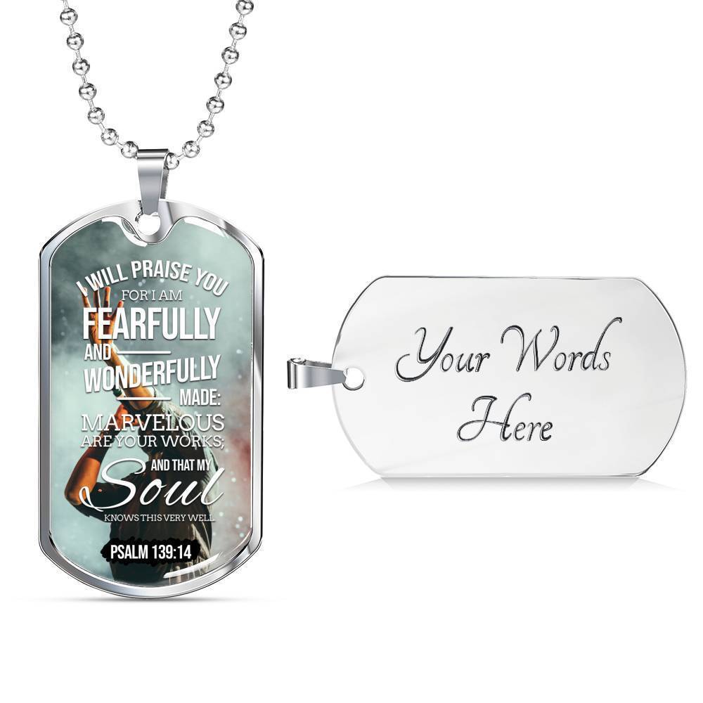 Wonderfully Made Bible Psalm Necklace Stainless Steel or 18k Gold Dog Tag 24" Chain-Express Your Love Gifts