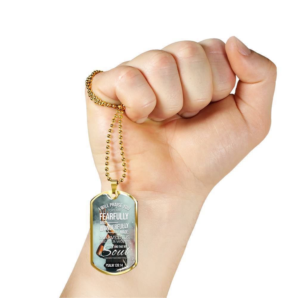 Wonderfully Made Bible Psalm Necklace Stainless Steel or 18k Gold Dog Tag 24" Chain-Express Your Love Gifts