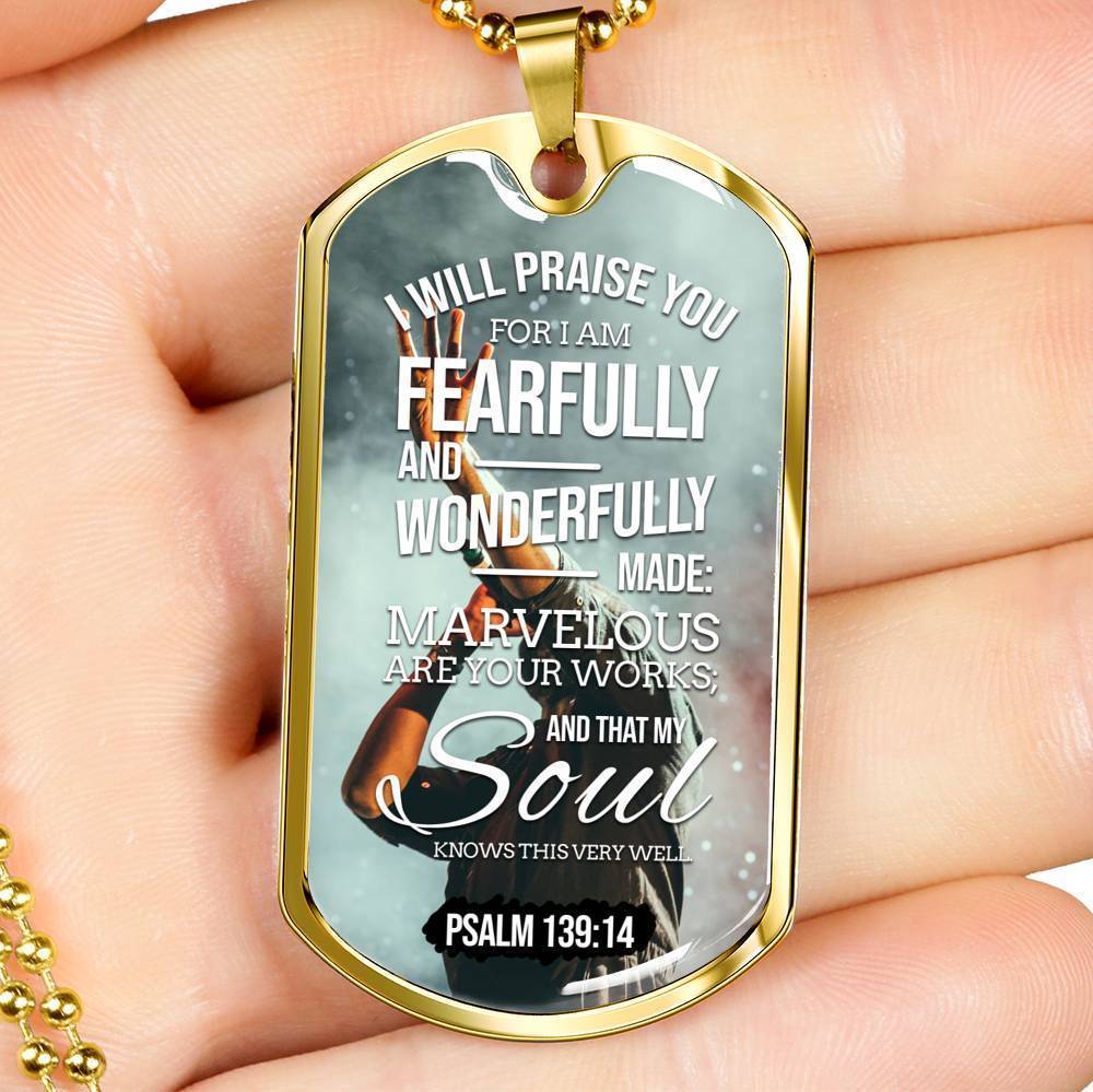 Wonderfully Made Bible Psalm Necklace Stainless Steel or 18k Gold Dog Tag 24" Chain-Express Your Love Gifts