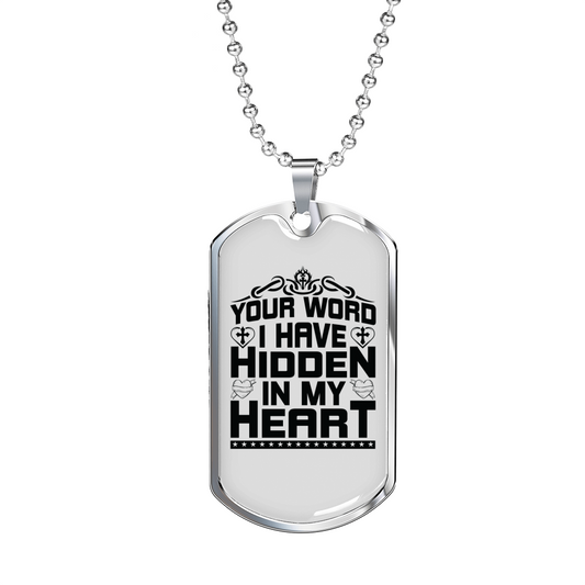 Word Hidden In My Heart Christian Necklace Stainless Steel or 18k Gold Dog Tag 24" Chain-Express Your Love Gifts