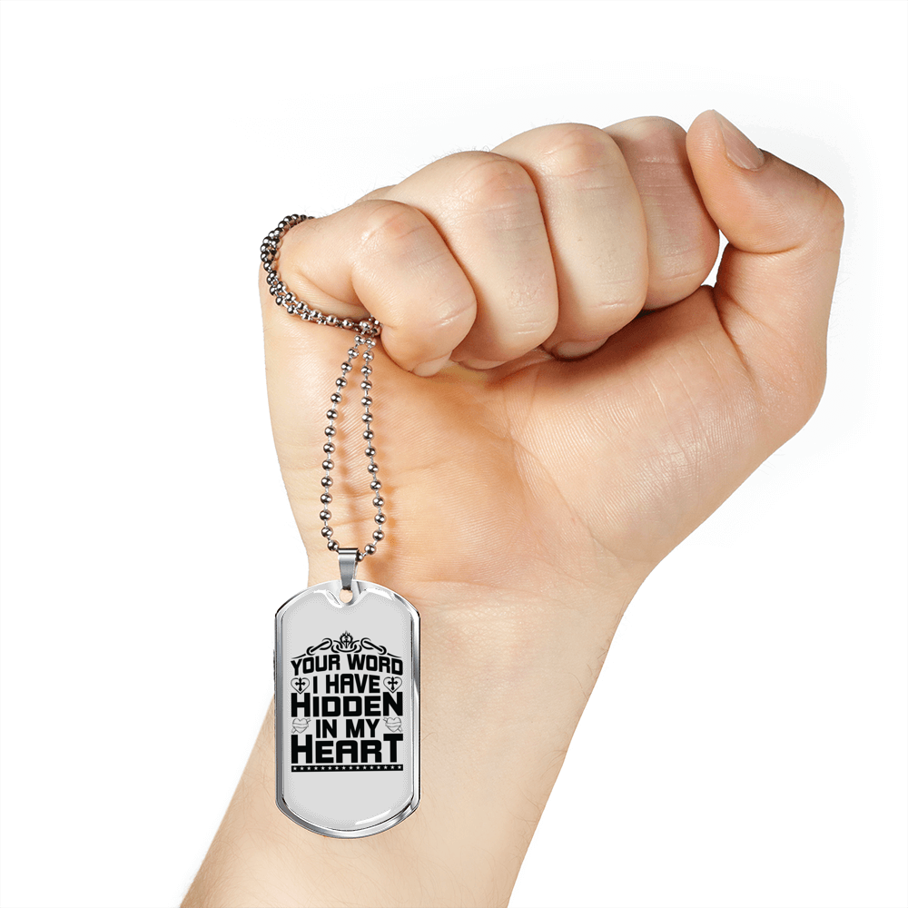 Word Hidden In My Heart Christian Necklace Stainless Steel or 18k Gold Dog Tag 24" Chain-Express Your Love Gifts