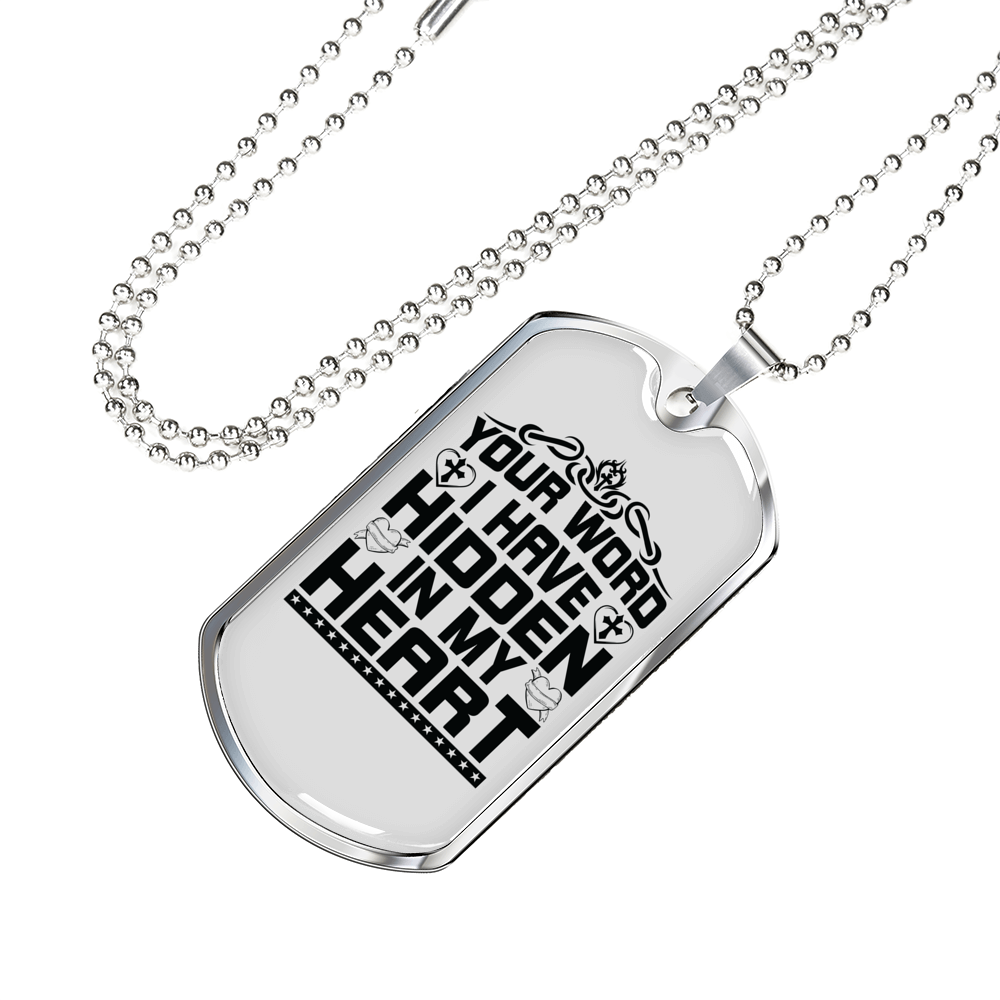 Word Hidden In My Heart Christian Necklace Stainless Steel or 18k Gold Dog Tag 24" Chain-Express Your Love Gifts