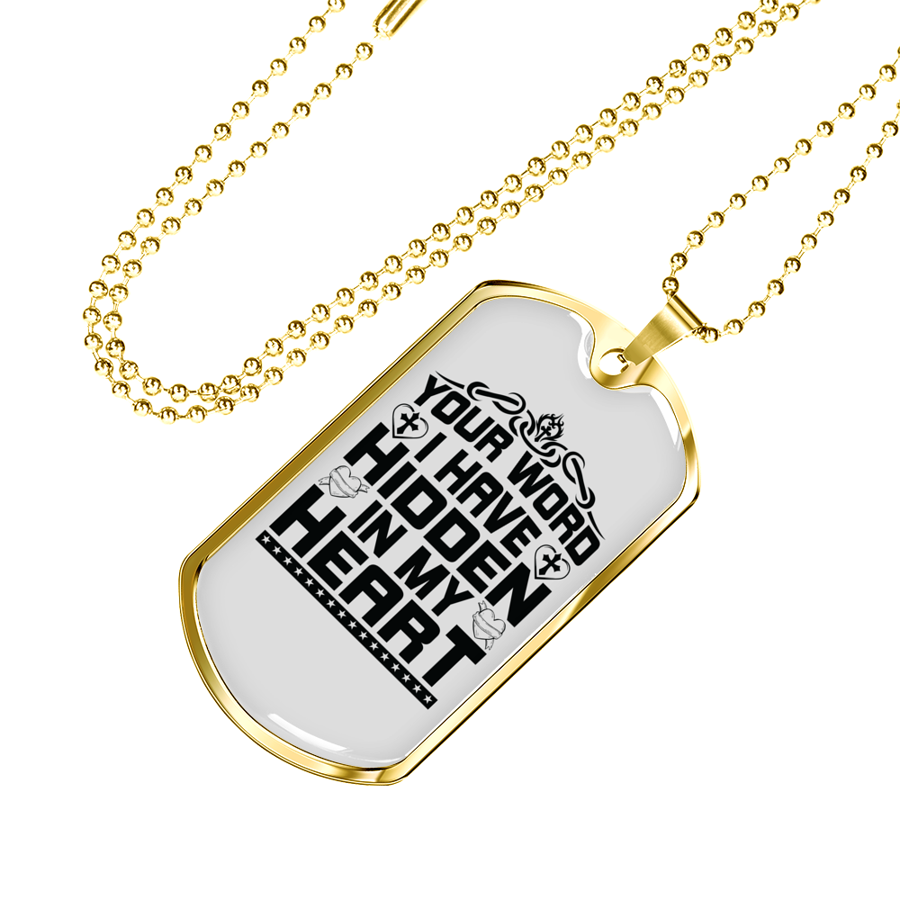 Word Hidden In My Heart Christian Necklace Stainless Steel or 18k Gold Dog Tag 24" Chain-Express Your Love Gifts