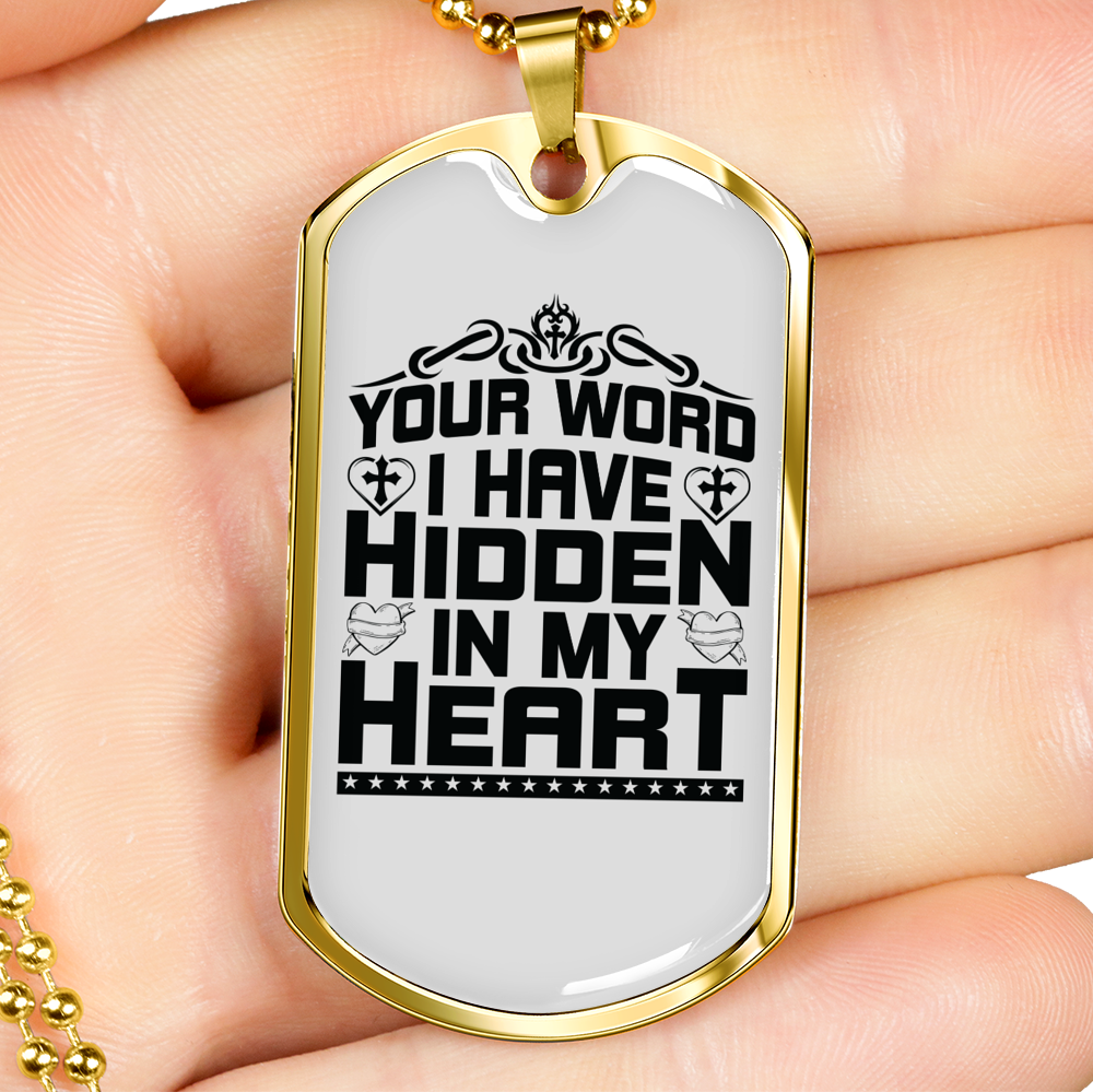 Word Hidden In My Heart Christian Necklace Stainless Steel or 18k Gold Dog Tag 24" Chain-Express Your Love Gifts