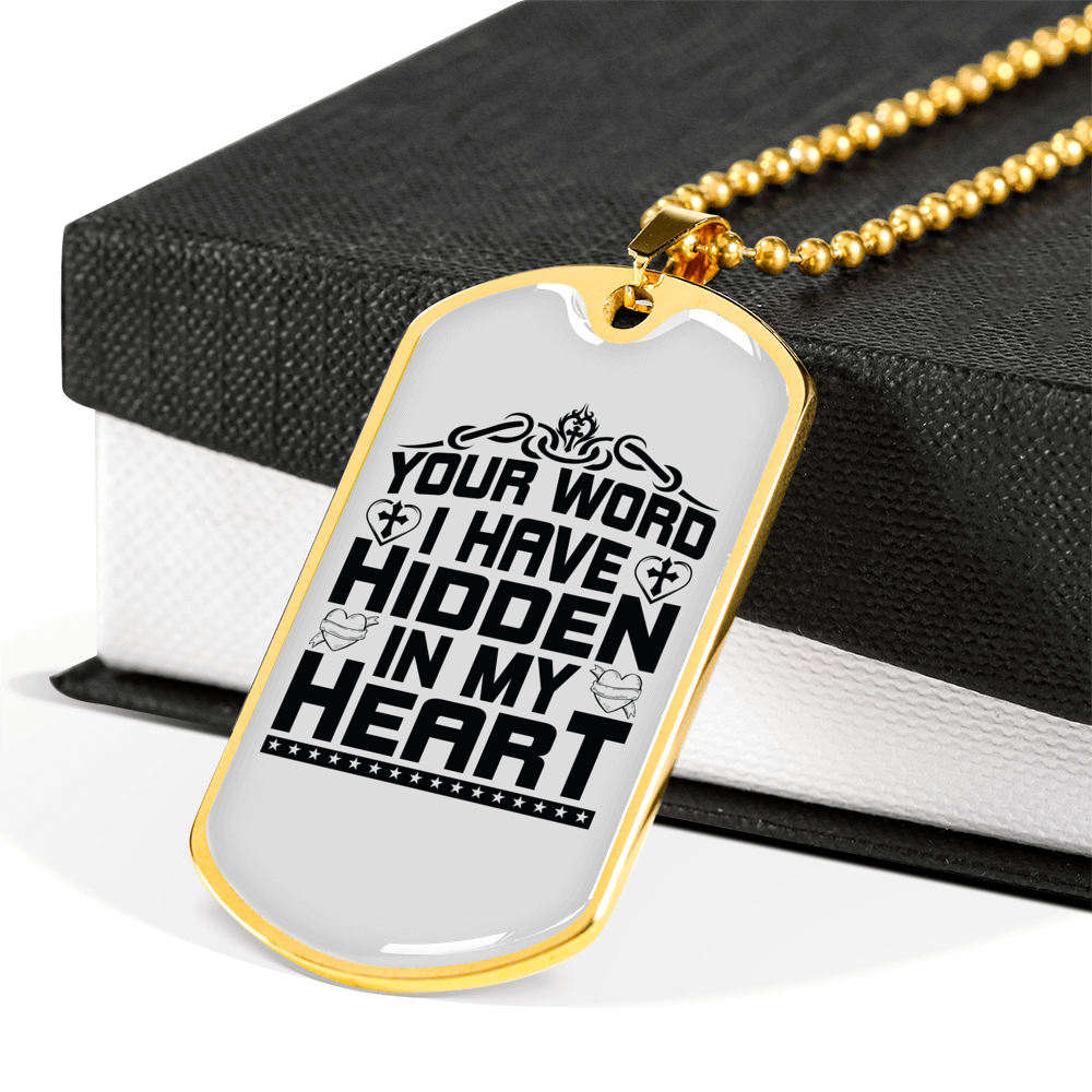 Word Hidden In My Heart Christian Necklace Stainless Steel or 18k Gold Dog Tag 24" Chain-Express Your Love Gifts