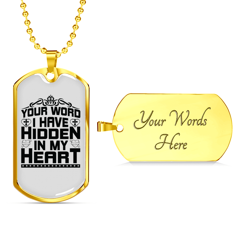 Word Hidden In My Heart Christian Necklace Stainless Steel or 18k Gold Dog Tag 24" Chain-Express Your Love Gifts