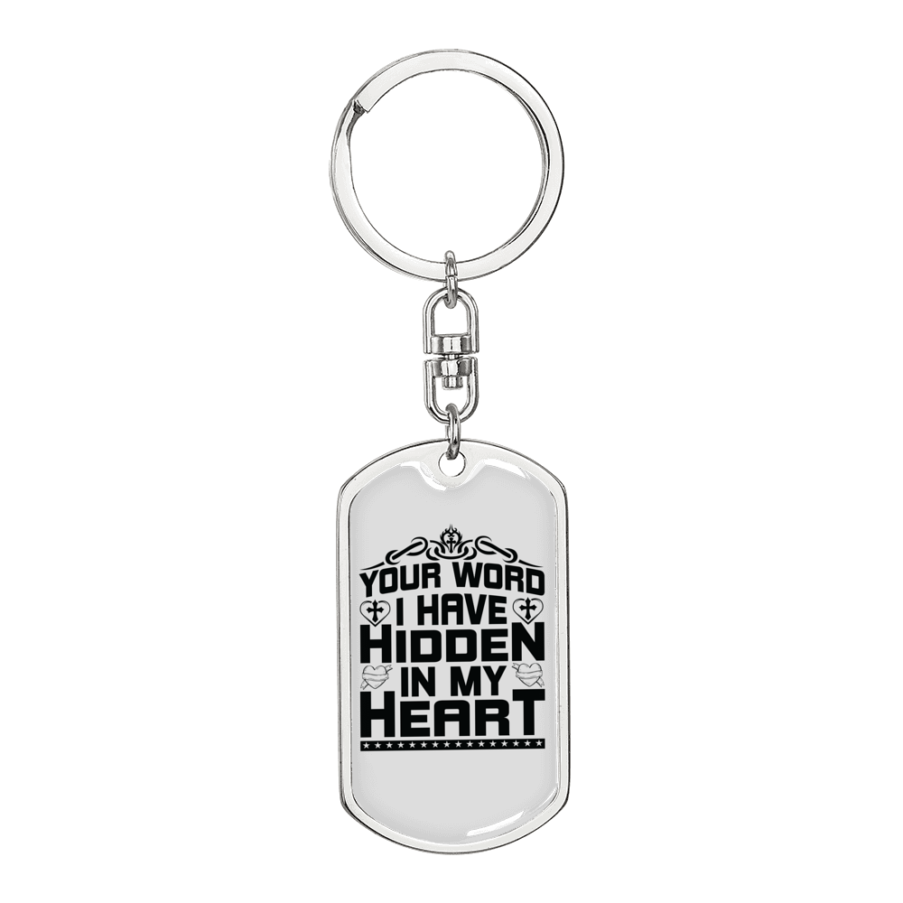 Word Hidden In My Heart Keychain Stainless Steel or 18k Gold Dog Tag Keyring-Express Your Love Gifts