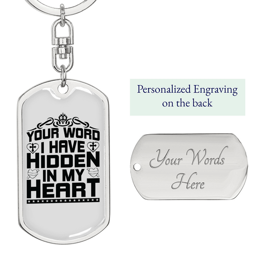 Word Hidden In My Heart Keychain Stainless Steel or 18k Gold Dog Tag Keyring-Express Your Love Gifts